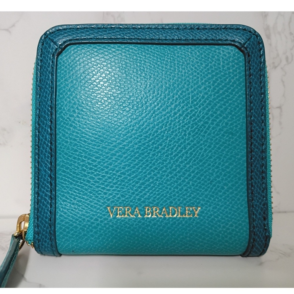 VERA BRADLEY Turquoise & Teal Leather Compact Zip-Around Wallet - EUC